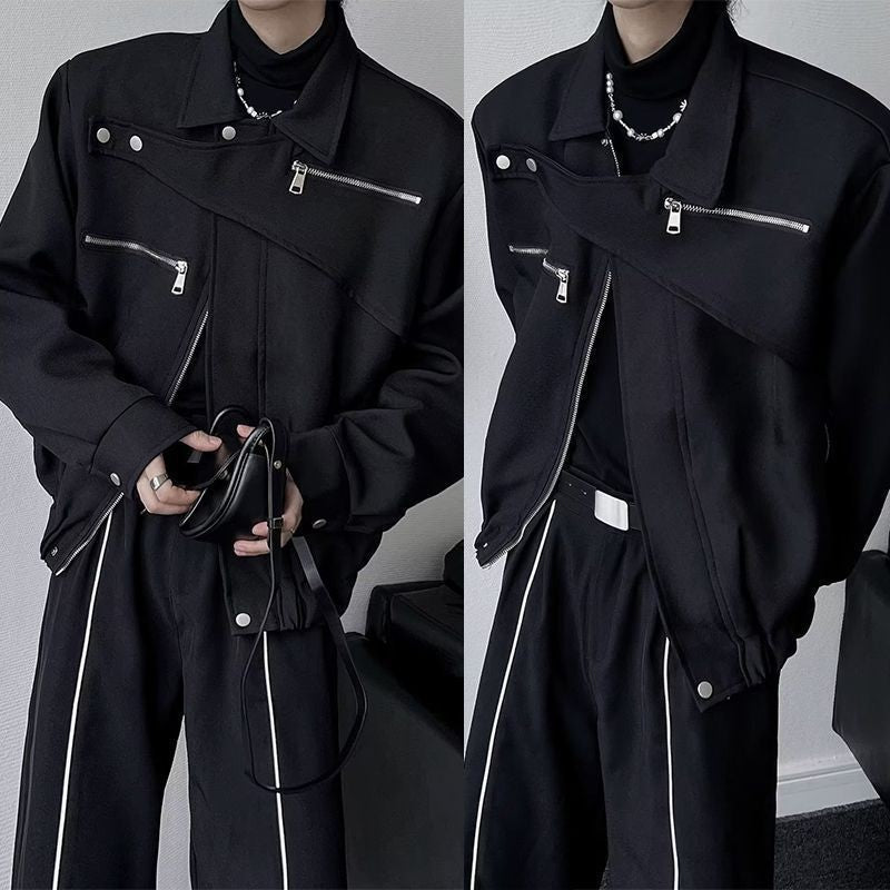 Yamamoto Dark Style Asymmetrical Design Short Lapel Zipper Deconstruction High-end Flying Jacket Jacket for Men