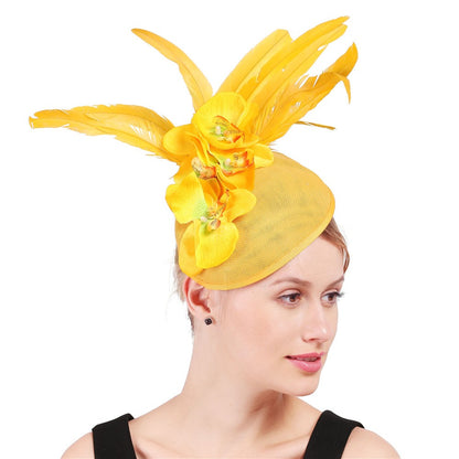 Fascinator Elegante de Lavanda com Flor Amarela Chapéu Derby para Senhora Chapéus de Igreja em Sinamay Fedora de Aba Larga Chapéu para Casamento Festa Vestido XMF320