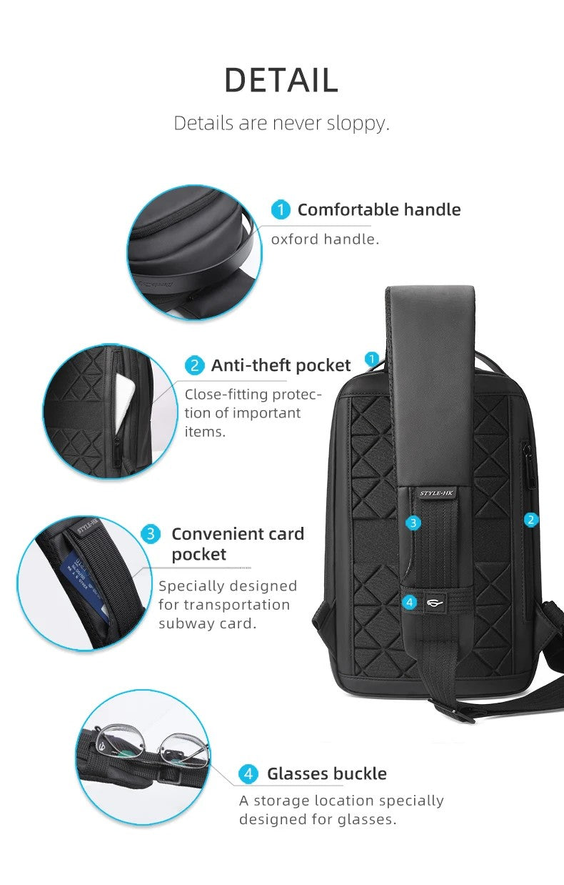 HK Waterproof Men's Shoulder Bag Lightweight Crossbody Bag Oxford Casual Satchel with USB Port Commute Business Chest Bag Male