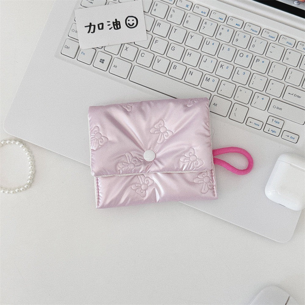 INS Style Silver Sanitary Mat Bag Zipper Button Change Purse Coins Keys Wallet Love Bow Credit Card Holder Cosmetics Napkin