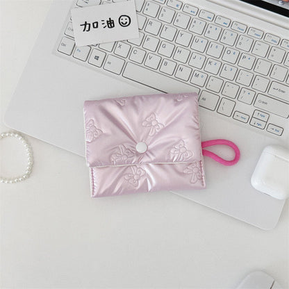 INS Style Silver Sanitary Mat Bag Zipper Button Change Purse Coins Keys Wallet Love Bow Credit Card Holder Cosmetics Napkin