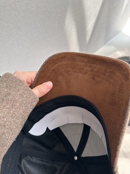 Stylish Wool Herringbone Baseball Cap for Men & Women, Thick Hard Top, Small Face