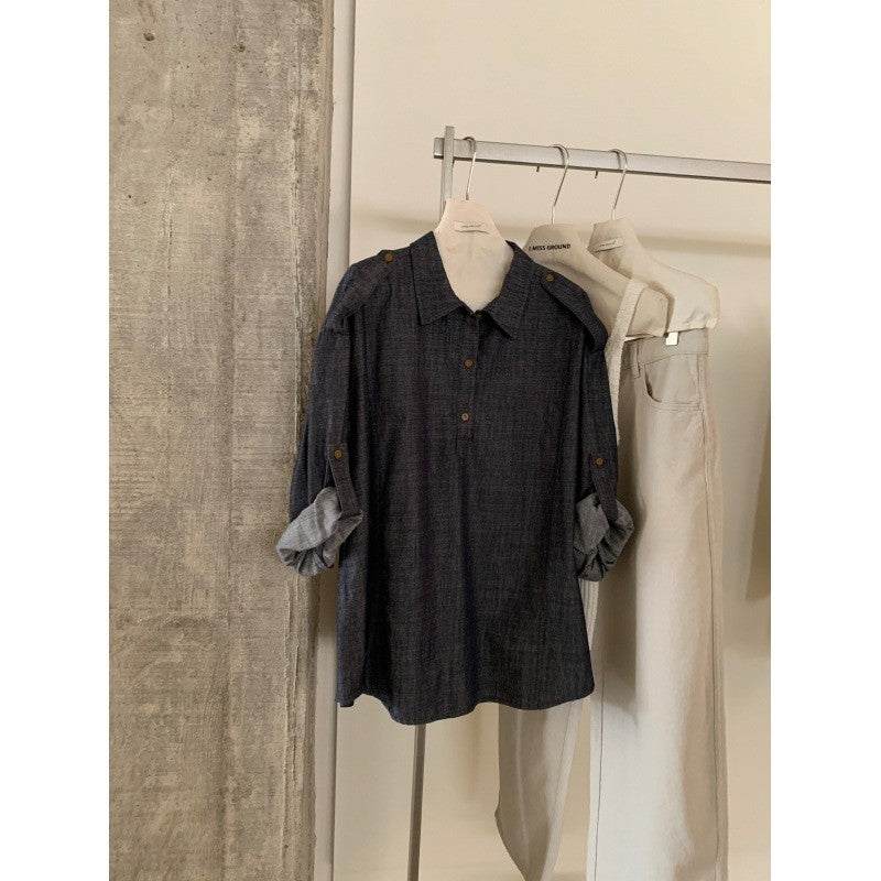 Versatile Chic Dongdaemun Denim Shirt Long Sleeve Woven Straight Cut Commute Urban Style Shirt Versatile Fashionable Shoulder...