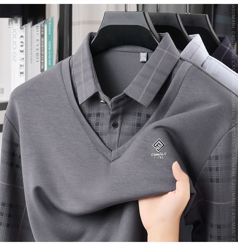 TFETTERS Business Men Polo Shirt 2025 Fashion Casual Slim Long Sleeve T Shirt Men Pullover Printed Plaid Shirts for Man Clothing