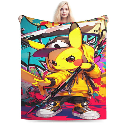 Cobertor de Flanela com Cena Clássica de Pokémon para Cama Super Quente, Mantas para Sofá, Cadeira, Piquenique, Colcha Engraçada, Capa para Sofá-Cama