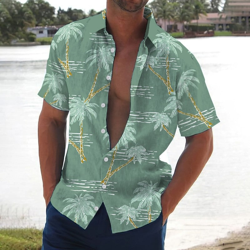 Retro Men's Shirt Coconut Tree Print Short Sleeve Shirts Beach Casual Man Clothing Loose Oversized Hawaiian Shirts For Men 2024