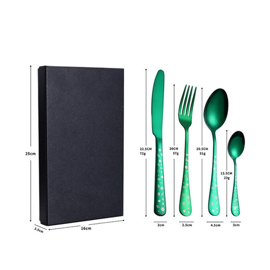 Conjunto de talheres de aço inoxidável com 4 peças Garfo, Faca e Colher com estampa de Flocos de Neve e Árvore de Natal