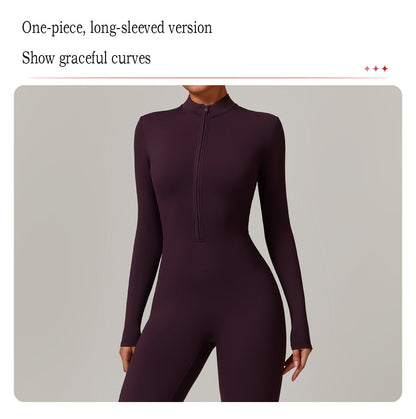 Women's Long Sleeved One-piece Sportswear Zipper Yoga Rompers Gym Jumpsuits Workout High-intensity Skin-tight Fitness Garment