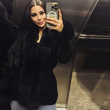 Elegant Knitted Faux Fur Patchwork Women's Coat Thicken Lady Coats 2025 Autumn Winter Chic Female Street Warm Outerwears