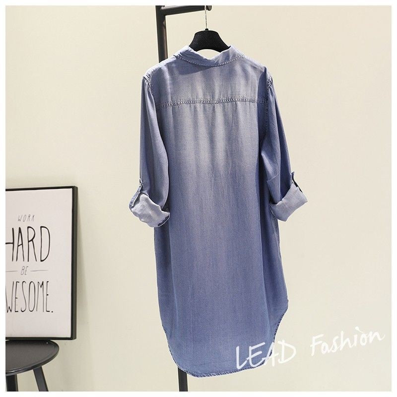 Fashion Women's Clothing Shirt Medium Long Containing Cotton Shirt Loose Fit Long Sleeve Double Pocket Rolled Sleeve Thin Blouse