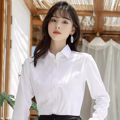 Professional White Shirt Women Office Lady Slim Fit Formal Blouse Woman Daily Commuter Simple Versatile Square Collar Base Shirt