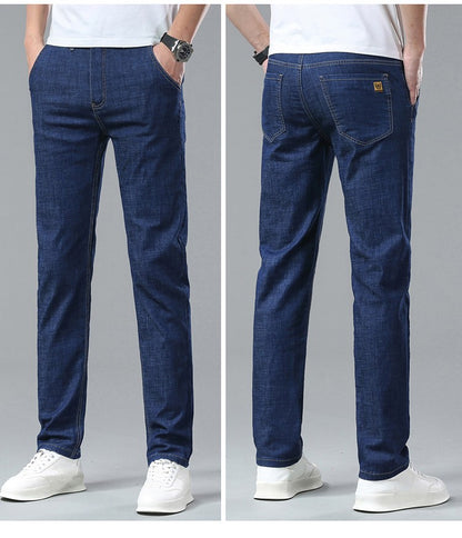 Light Blue Classic Business Casual Cotton Pants Fashion Breathable Denim Elastic Trousers Brand Men's Clothing Straight Jeans