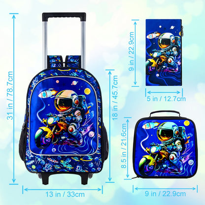 3PCS Astronaut Rolling Backpack for Boys, Kids School Backpacks with Wheels,  UV Printed Roller Wheeled Bookbag