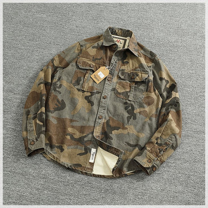 2024 Autumn and Winter New American Retro Woven Camouflage Cargo Shirt Men's 100% Cotton Washed Old Double Pockets Thin Jacket