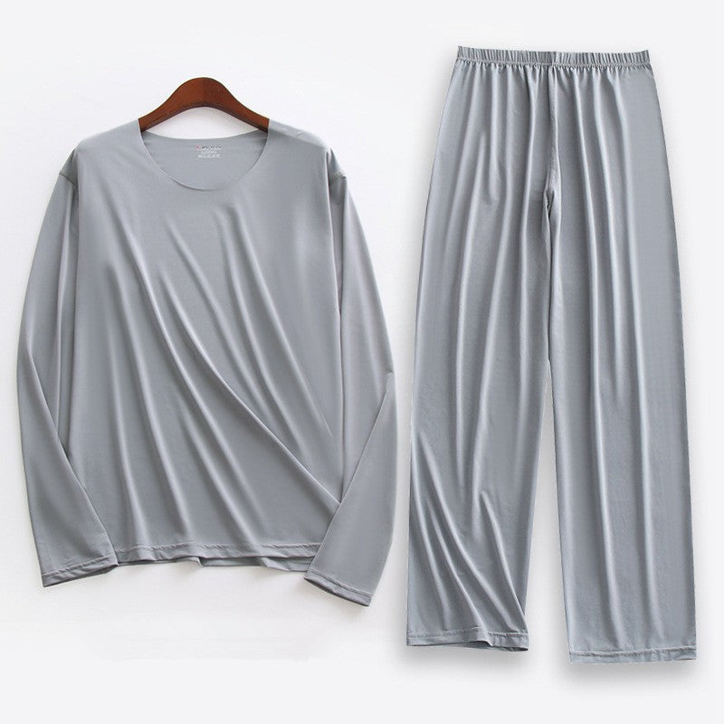 Plus Size 5XL Men Ice Silk Pajama Set Solid Long Sleeve Tops and Pants Sleepwear 2pcs Sets Soft Comfy Lounge Home Nightwear Male