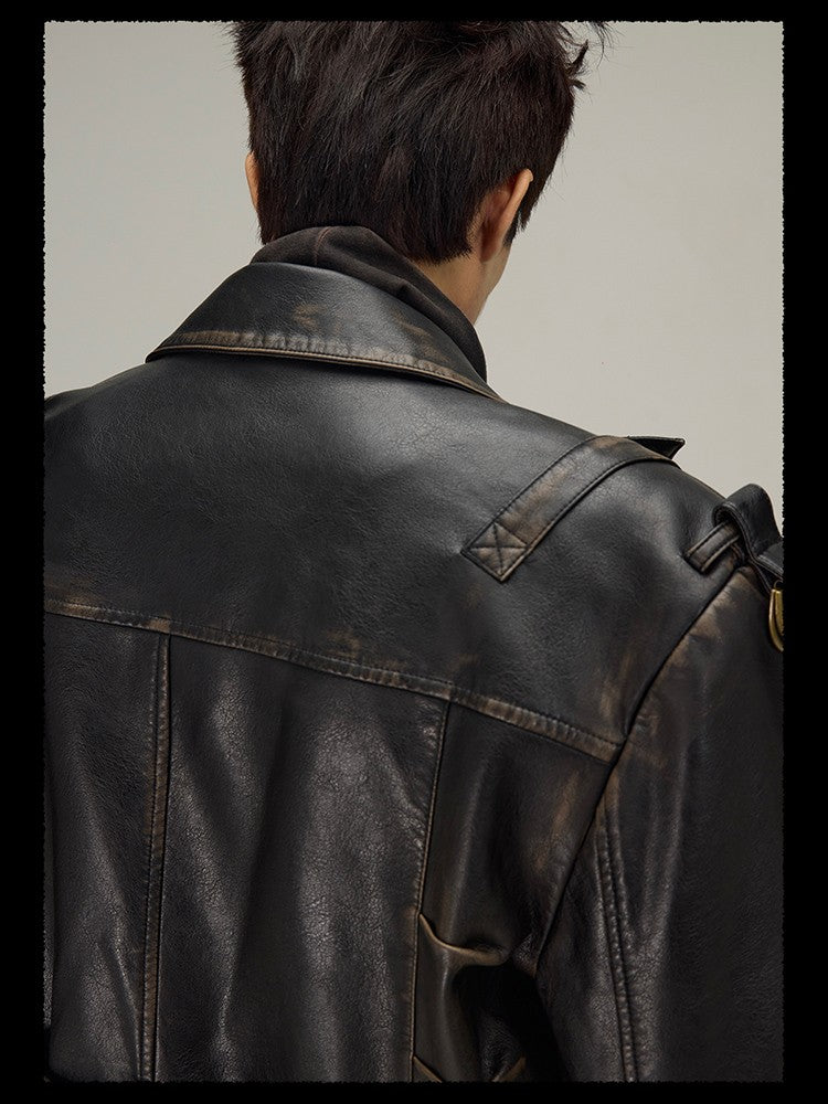 Mauroicardi Spring Autumn Long  Distressed Black Pu Leather Trench Coat Men Belt Double Breasted Luxury European Fashion 2023