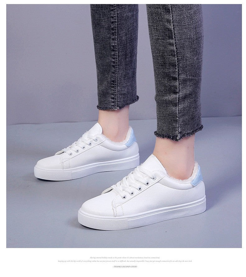 Tênis Feminino de Inverno, Quente, Pelúcia, Sola Vulcanizada, Plataforma, Algodão, Cadarço, Branco, Com Pelúcia, Casual