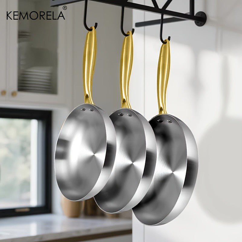 KEMORELA 3PCS 316 Stainless Steel Gold Handle Non-Stick Frying Pan Set 2MM Thick 5-Ply Wok Pan Food Grade Safety Multiple Sizes