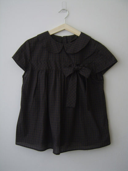 Vintage Plaid Shirts Women Japanese Harajuku Bow Peter Pan Collar Blouses Summer Korean Aesthetic Short Sleeve Casual Tops New