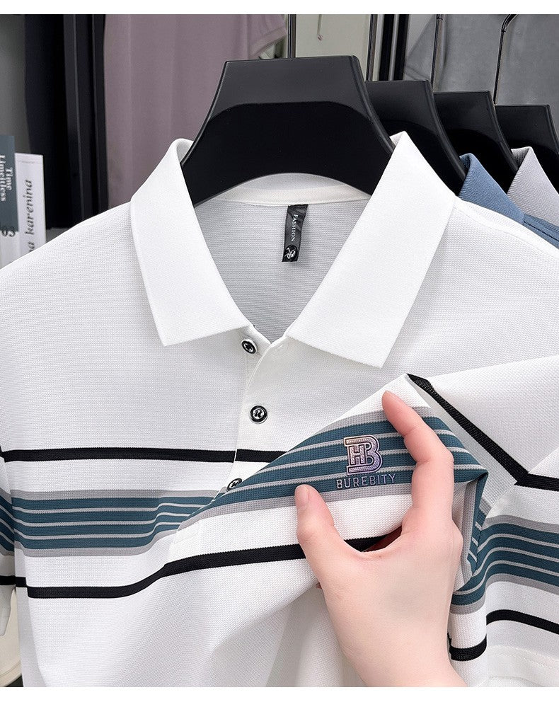 Advanced trend brand men's short sleeve polo shirt luxury striped summer breathable casual fashion letter embossed new T-shirt