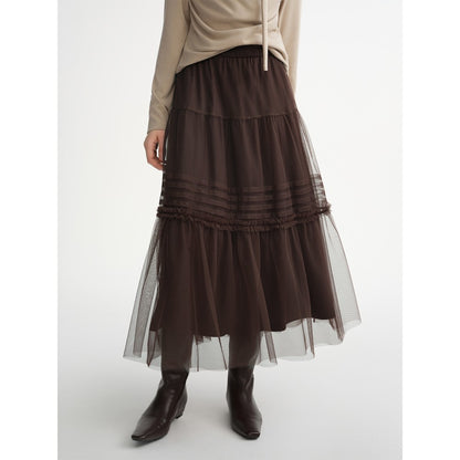 DUSHU Three-color Ruffled Mesh Skirt Women Pleated Mesh Straight Skirt Fairy Retro Gothic Cool Girls Elastic Waist Loose Fit