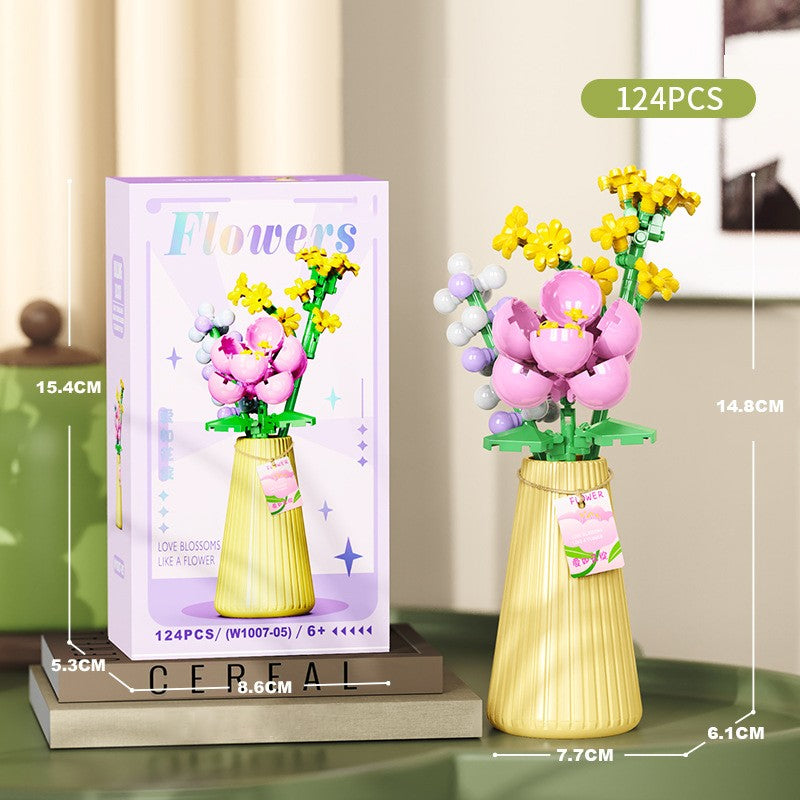 Flower Bouquet Building Blocks with Vase DIY Rose Sunflower Mini Bricks for Kids Birthday Party Favors Girls Gift Desktop Decor