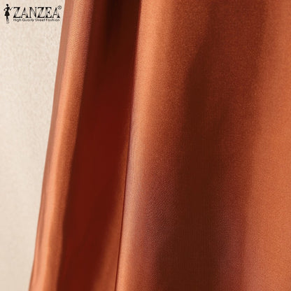 2025 Stylish Autumn High Waist Party Satin Skirts ZANZEA Women Jupe Plus Size Solid A-line OL Work Faldas Saia Maxi Long Skirt