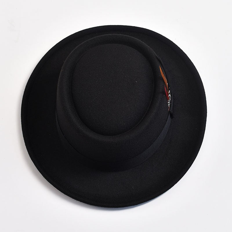 NEW Vintage Pork Pie Hat Mens Rolled Brim Felt Fedora Hat with Feather Gentleman Church Cap Trilby Jazz Hats