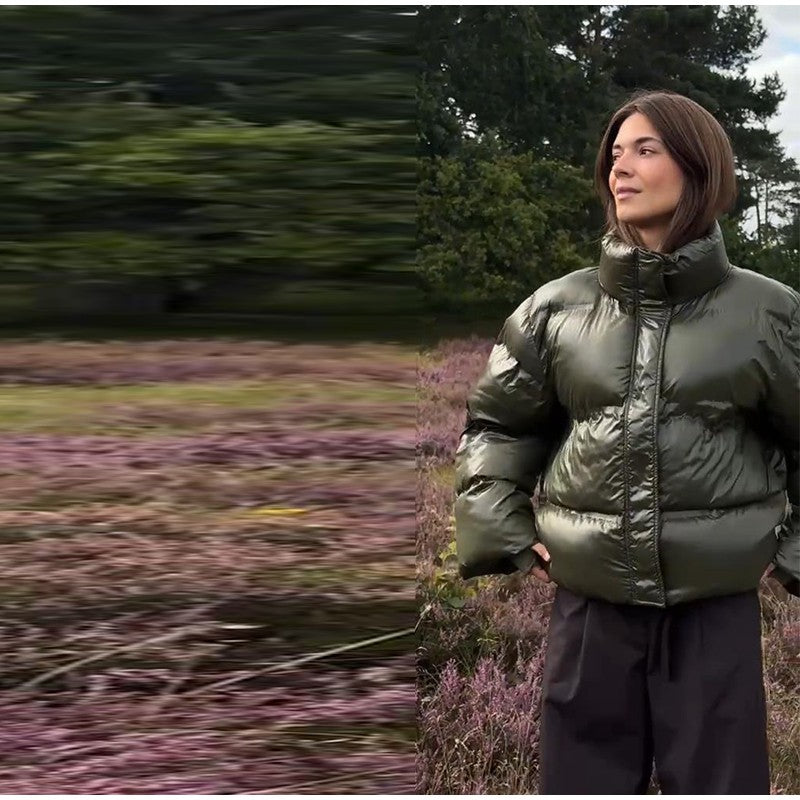 Fashion Glossy Padded Jacket Women's Solid Turtleneck Long Sleeve Warm Down Coat 2025 Autumn Winter New Lady Casual Outerwear