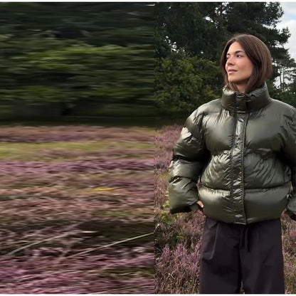 Fashion Glossy Padded Jacket Women's Solid Turtleneck Long Sleeve Warm Down Coat 2025 Autumn Winter New Lady Casual Outerwear