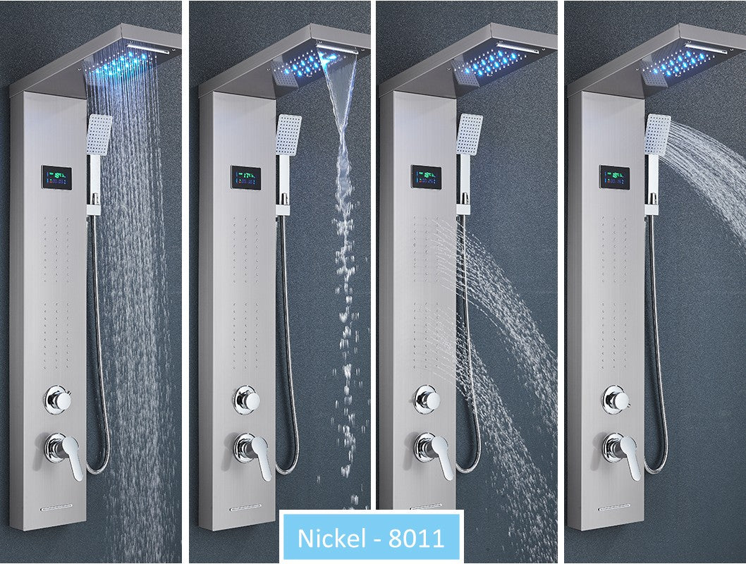 Sistema de Torre de Painel de Chuveiro de LED Coluna de Chuveiro de Cascata de Chuva com Tela LCD de Hidroeletricidade com Torneira de Chuveiro de Spa de Corpo com Massagem