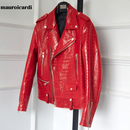 Mauroicardi Spring Red Crocodile Pattern Faux Leather Biker Jacket Long Sleeve Zipper Plus Size Designer Men Clothing 4xl 5xl