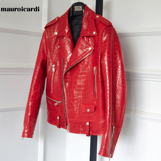 Mauroicardi Spring Red Crocodile Pattern Faux Leather Biker Jacket Long Sleeve Zipper Plus Size Designer Men Clothing 4xl 5xl
