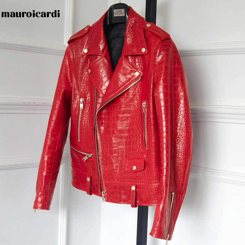 Mauroicardi Spring Red Crocodile Pattern Faux Leather Biker Jacket Long Sleeve Zipper Plus Size Designer Men Clothing 4xl 5xl