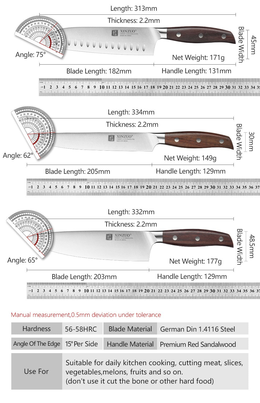 XINZUO 1PC/5PCS High Quality 3.5+5+8+8+8"  Paring Utility Cleaver Chef Knife Germany 1.4116 Stainless Steel Kitchen Knife Sets