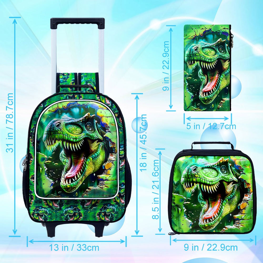 3Pcs Dinosaur Rolling Backpack for Boys, Kids School Backpacks with Wheels, Roller Bookbag for Elementary Preschool(Green)