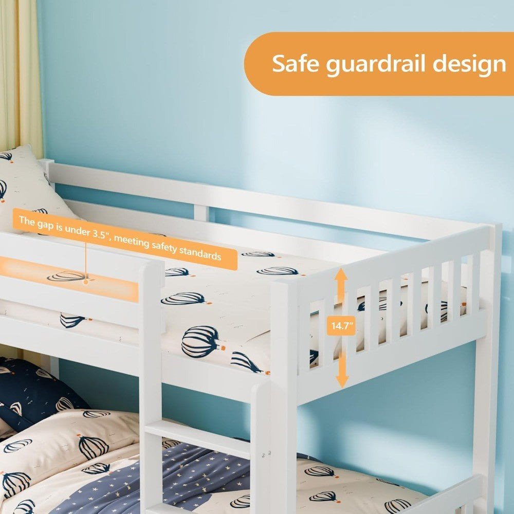 Beliche baixo de madeira maciça para crianças/adolescentes, estrutura de beliche com grades de proteção e escada para meninos e meninas, não é necessário estrado/box