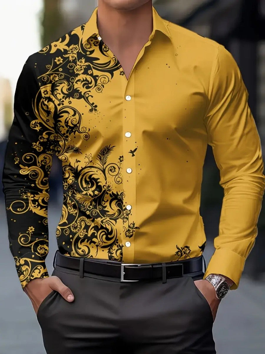 Men's floral-print ethnic-style blouse, Western-style denim shirt, long-sleeved