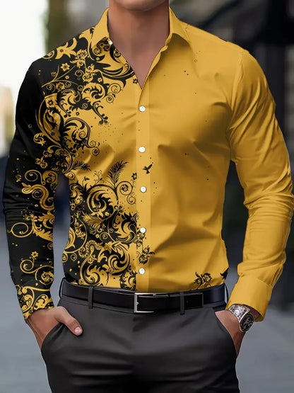 Men's floral-print ethnic-style blouse, Western-style denim shirt, long-sleeved