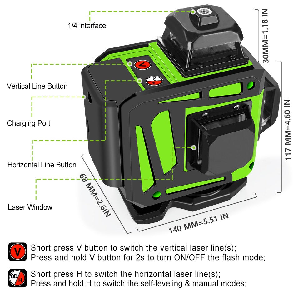 Nível a Laser Clubiona 16/12 Linhas linha verde Autonivelante 360 Horizontal e Vertical Nível a Laser de Feixe Verde Super Potente