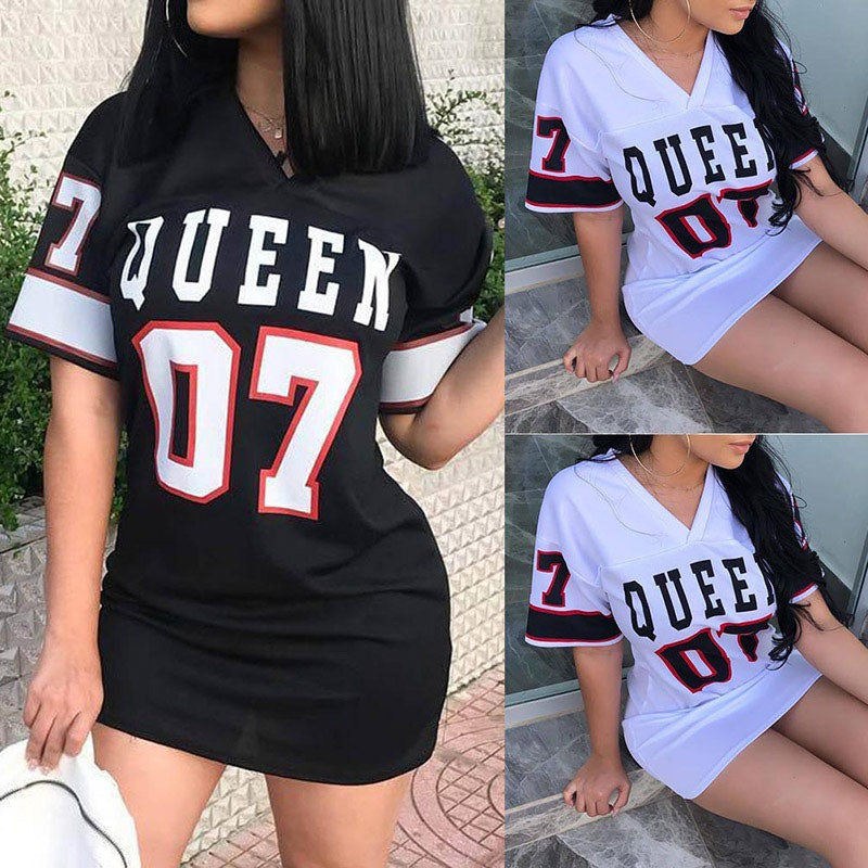 Fashion V-Neck Queen Letters Print Dress Short Sleeve Basketball Sporty Style Sexy Loose Female Clothing Streetwear Loungewear