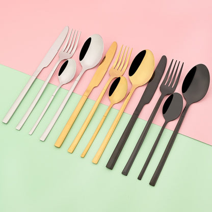 Conjunto de Talheres Ocidentais Dourados de 4 Peças em Aço Inoxidável Garfo Faca Colher de Café Conjunto de Louça Talheres de Cozinha Preteto Prateado
