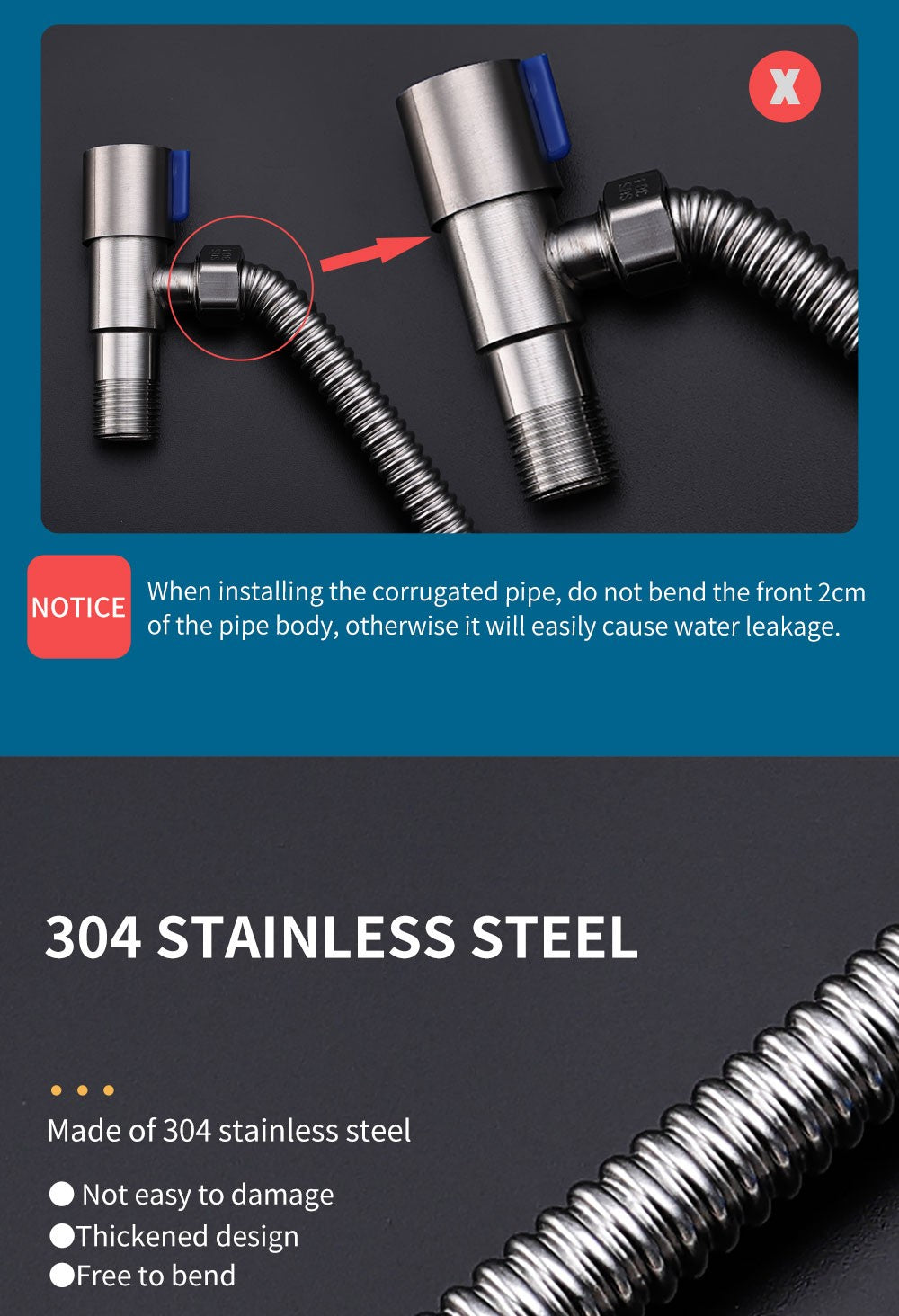 Mangueira de fole de aço inoxidável 304, 4 tubos de entrada de mangueira de metal para aquecedor de água separado, tubo de água de aço inoxidável doméstico quente e frio
