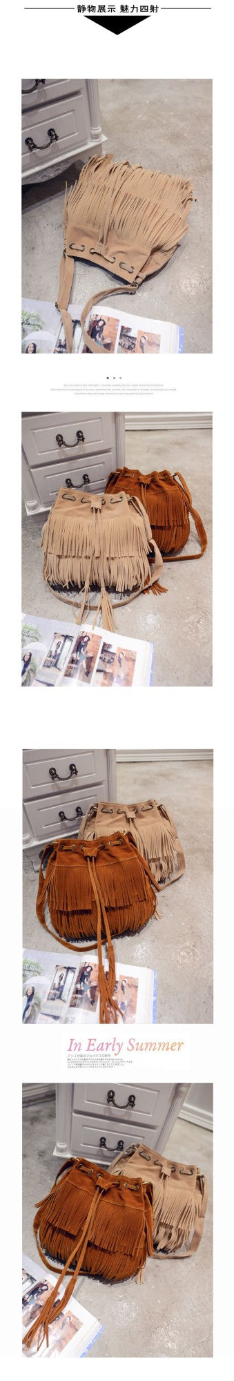 Fashion Retro Faux Suede Fringe Women Messenger Bags Tote New Handbag Tassel Shoulder Handbags Crossbody Bag Tassel Bucket