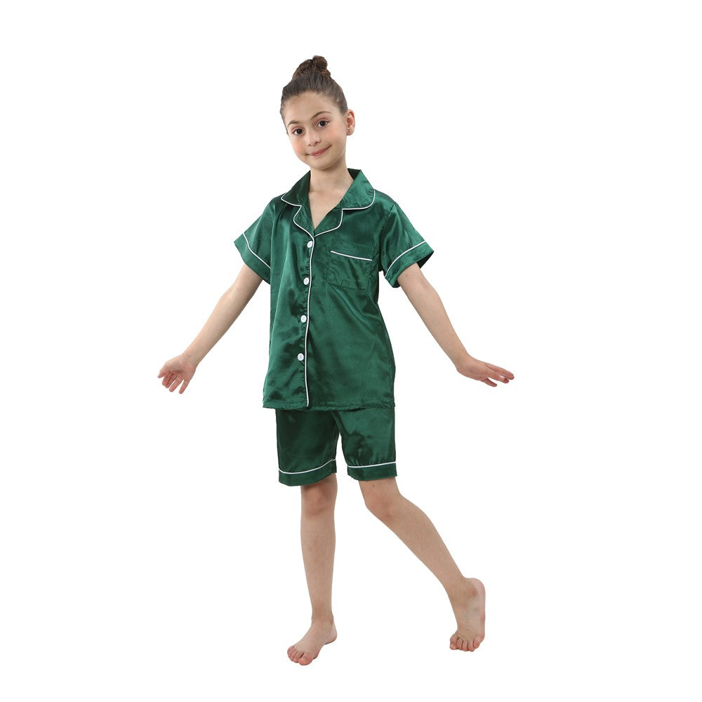 2 to 14 Years Boys Girls Pajamas Sets Kids Silk Satin Top Pant Long/Short Sleeve Solid Pyjamas Suits Nightgown Child Sleepwear
