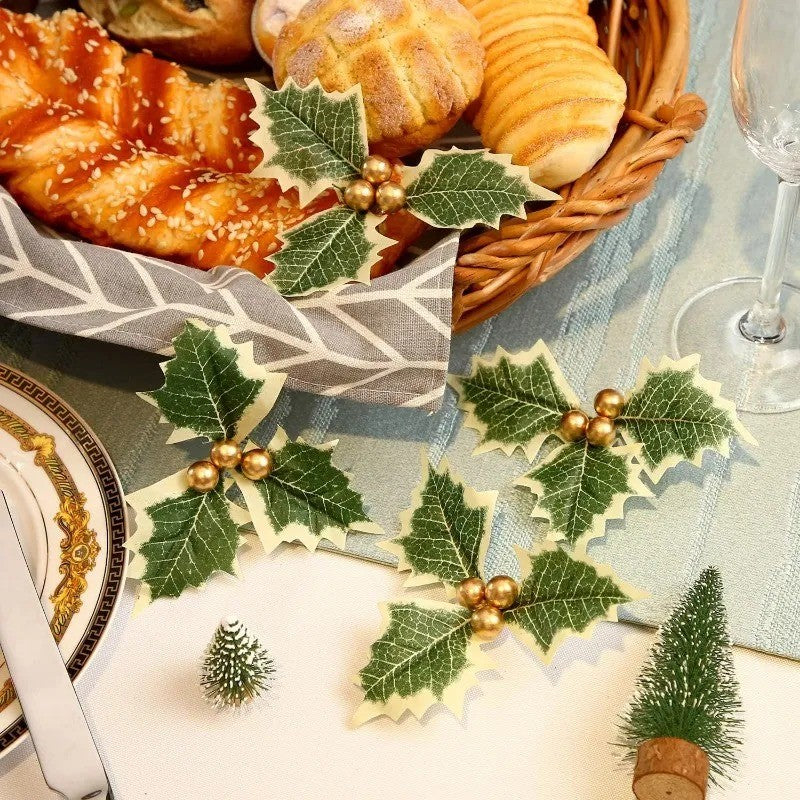 5-100Pcs Artificial Holly Berry Green Leaves Christmas Ornaments Gold Red Holly Berry Stems Xmas Tree Wreath Gifts Party Decor