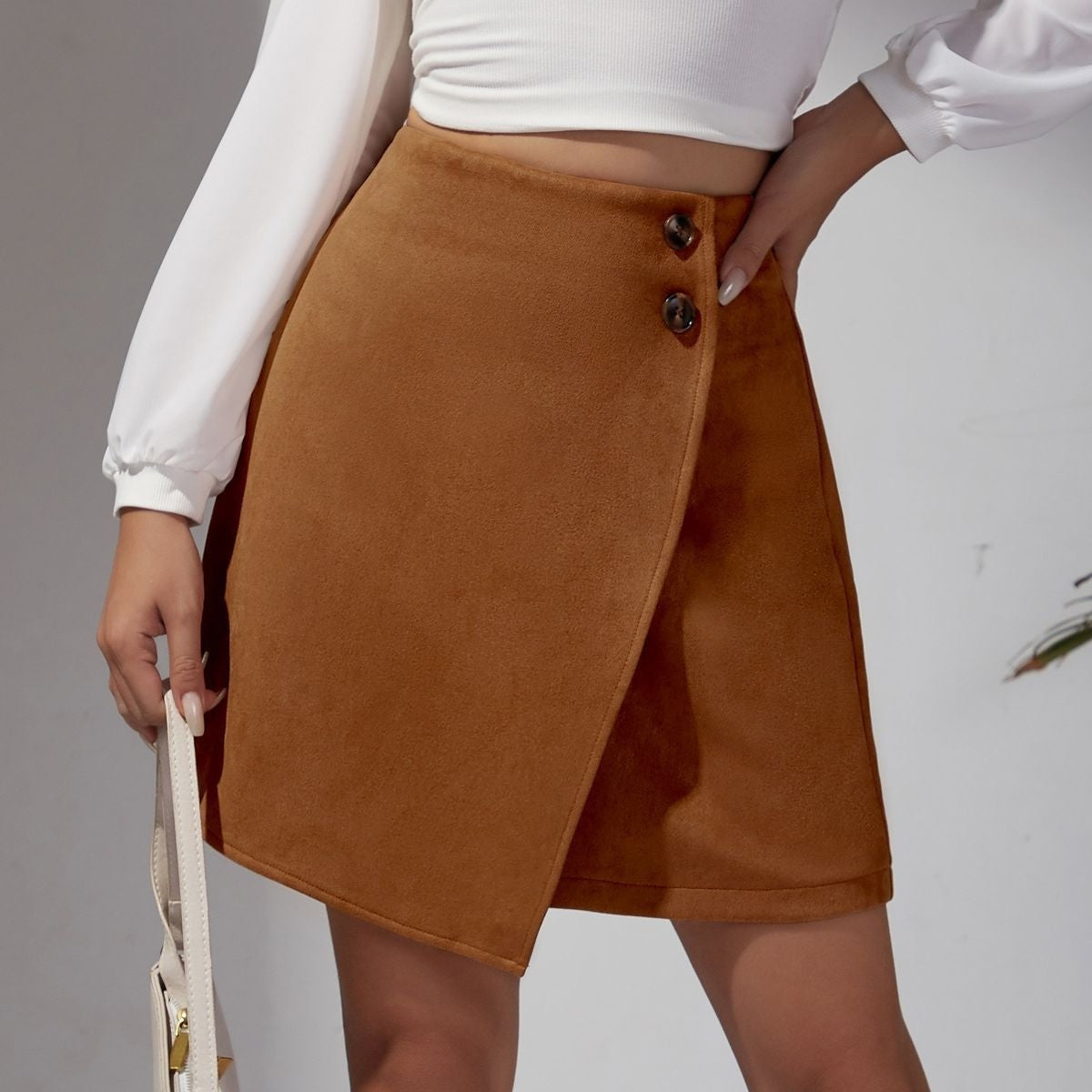 New Arrival 2025 Women's Autumn Winter Suede Irregular Skirt Solid Color High Waist Zipper Button Short Skirts For Woman
