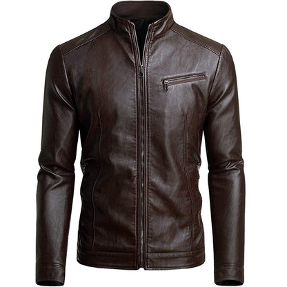 Autumn Winter Men Stand Collar Motorcycle Leather Jacket Coat Brown Black Coffee Multi Color Options Slim Fit Trendy Outerwear