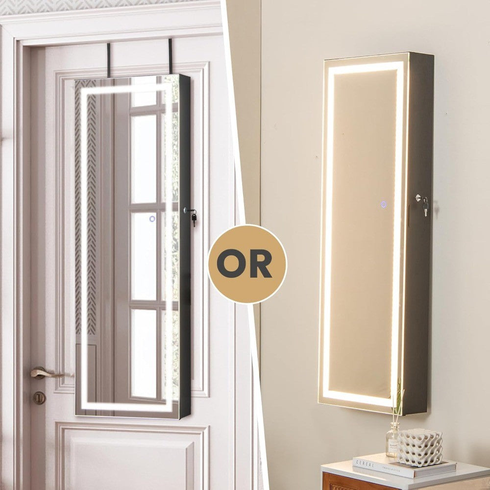 LED Mirror Jewelry Cabinet, 47.2'' Jewelry Armoire with Adjustable Lighted Full Length Mirror, Wall Mounted or Door Hanging, Lo