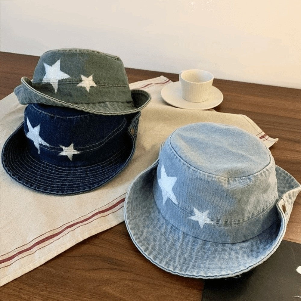 Kawaii Denim Star Fisherman Hat Wide Brim Y2K Outdoor Sun Hat Sunshade Adjustable Western Cowboy Hat Fishing